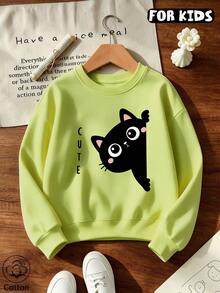 Girls Crew Neck Sweatshirt, Cute Peeking Black Cat & Letter Print Long Sleeve Loose Casual Pullover, Kids Fall Basic Sweatshirt - Lime Green - View 9