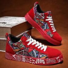 STARNOVO Men's Geometric Graffiti Pattern Skate Shoes - Durable Upper, Breathable Fabric Lining, Anti-Slip PVC Sole, Round Toe, Suitable For Outdoor Casual Wear In Spring, Summer, Autumn, Winter - Red - View 5