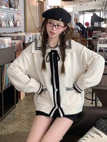 Autumn/Winter New Sweet Preppy Style Lazy Knit Cardigan Jacket With Turn-Down Collar - White - View 6