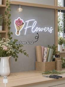1PC Custom Text Flowers Neon Sign, Personalized LED Flower Shop Wall Light With Rose Bouquet, USB Powered Floral Neon Wall Decor For Florist Studio, Flower Shop, Boutique, Business Decor, Wedding Backdrop, Grand Opening Gift - Multi-color 2 - View 2
