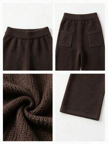 Women's Dark Brown Solid Knit Wide Leg Pants, Elastic High Waist Back Pockets Casual All-Match Daily Wear Long Trousers - Coffee Brown - View 10