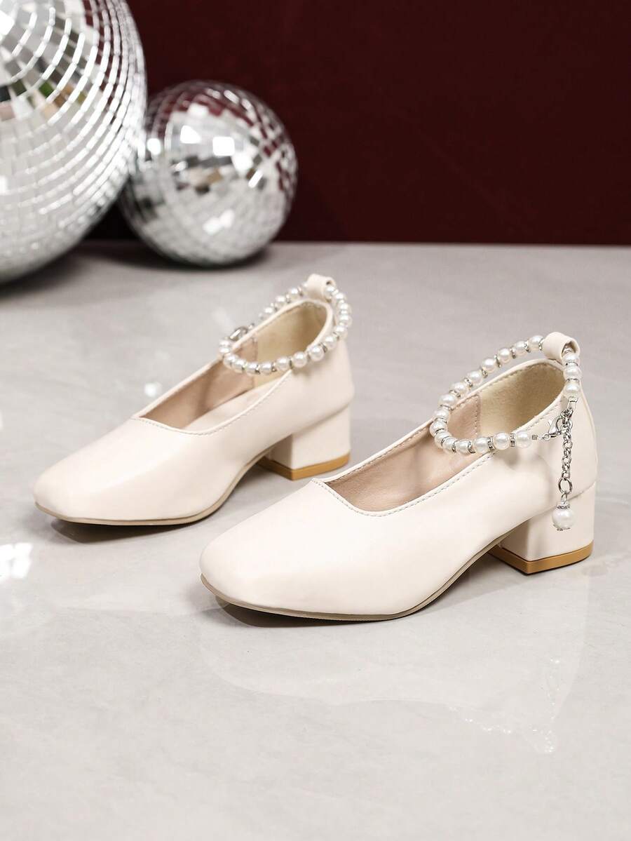 1 Pair Girls' Mary Jane Princess Shoes, Soft PU + Square Toe, Thick Heel Flat Bottom Anti-Slip Slip-On Design, Fashionable Cute Luxury Party Performance Dance Shoes, Suitable For Holiday School Vacation, Spring/Autumn New Style - Apricot - View 1