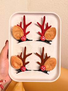 2/4PCS Girls Christmas 3D Deer Horn & Mushroom Hair Clips, Sweet Cute Atmosphere Holiday Party Hair Accessories - Multicolor - View 6