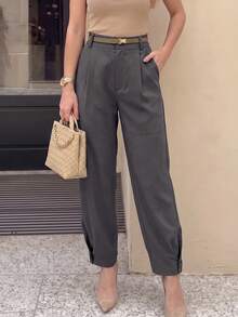 1 Stück Damen einfarbige geraffte Harem-Hose, Business-Pendeln, lässige Straßenmode (Gürtel nicht enthalten) einfarbige geraffte Harem-Hose mit Taschen für Damen, Urlaub, College, Büro, Reisen, Flughafen, alle Jahreszeiten - Dunkelgrau - Übersicht 4