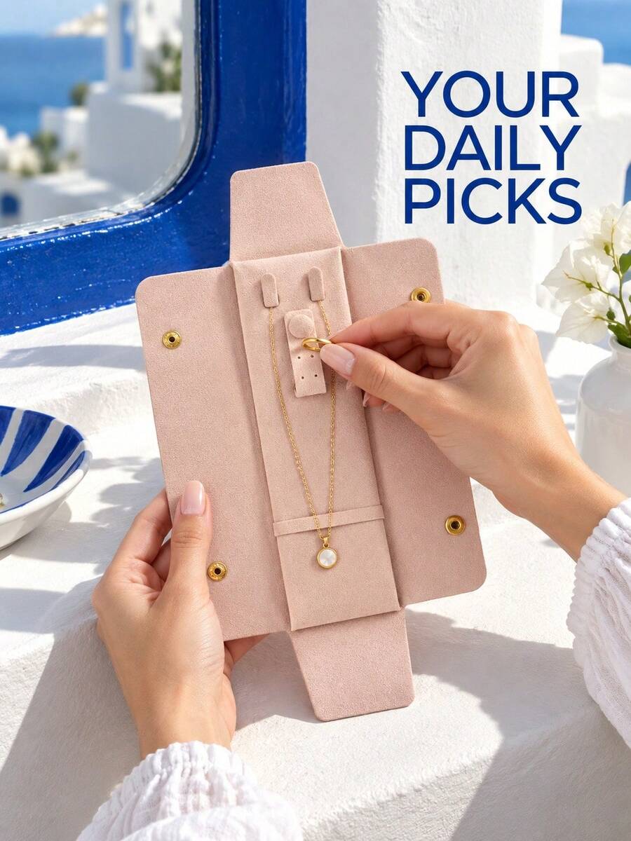 Travel Jewelry Organizer, Portable Foldable Jewelry Roll With Necklace Hooks, Ring Slots And Earring Holes, Small Snap Button Jewelry Pouch, Suitable For Weekend Trips, Handbags And Vanity - Multicolor - View 1