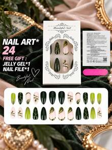 24pcs Long Pointed Almond Shape Press-On Nails, Autumn Cool Deep Green Snake Theme Nail Art, 3D Wrapped Snake & Snake Print With Semi-Transparent Base, Suitable For Halloween, Thanksgiving, Christmas Holiday Parties - Green - View 3