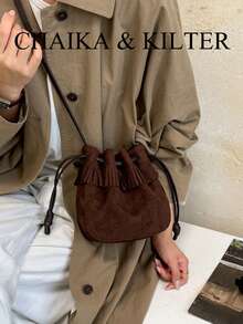 1pc Small Bucket Suede Fabric Shoulder Bag, Adjustable Strap, Suitable For Commuting, Shopping And More - Coffee - View 10