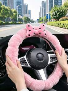 1PC Car Bubble Plush Wavy Round Steering Wheel Cover, Cute Warm Car Interior Decoration Bowknot Steering Wheel Cover - Multicolor - View 4
