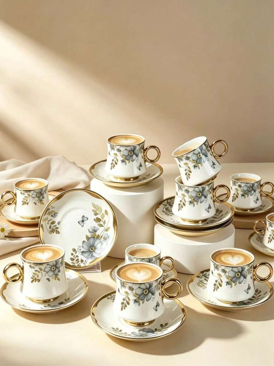 6 Sets/1 Set 90ml Gray Blue Butterfly Ceramic Coffee Cup & Saucer, Microwave And Dishwasher , Espresso, Arabic Coffee Cup, Saudi Coffee Cup, Suitable For Afternoon Tea, Cafe, Kitchen, Perfect Gift - Multicolor - View 1