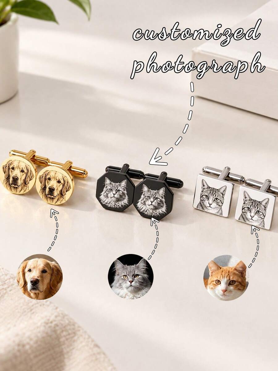 Custom Pet Portrait Cufflinks, Personalized Dog Cat Photo, Engraved Stainless Steel Groom Wedding Gift - Multicolor - View 1