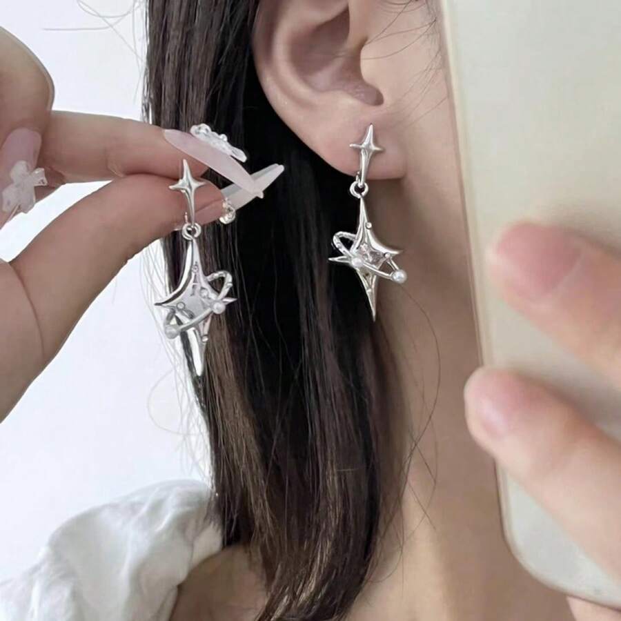 1 Pasang Anting Mutiara Imitasi Bintang, Desain Minimalis Kecil yang Dipersonalisasi, Aksesori Wanita yang Menarik Perhatian - Perak - View 1