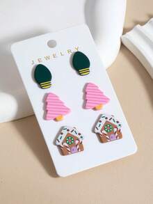 3pcs Christmas Lights Pink Christmas Tree & House Print Minimalist Personalized Cute Elegant Earrings - Multicolor - View 2
