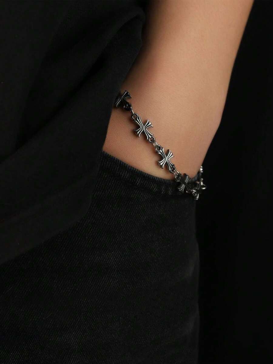 1pc Fashionable Minimalist Cross Pattern Men's Bracelet, Cross-Linked Design Men's Accessory, Suitable For Daily Wear, Holiday, Birthday, Anniversary Gift For Friends - Silver - View 1