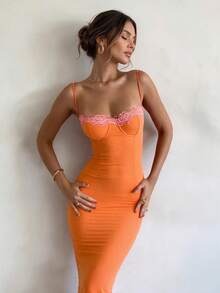 Women's Solid Color Mesh Lace Patchwork Fitted Long Dress, Back Eyelet Lace-Up Design Wedding Party Fall - Orange - View 1