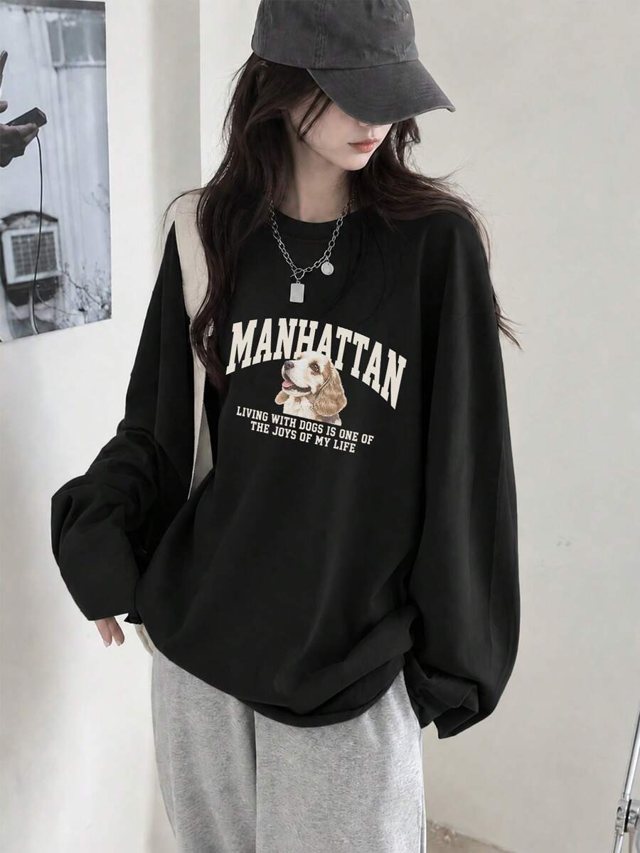 Women's Fashion Autumn/Winter Loose Minimalist Versatile Letter & Cartoon Puppy Print Long Sleeve T-Shirt - Black - View 1