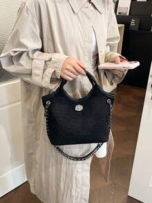 Dedoo 女款迷你托特手提包，編織紋理仿麂皮，金屬旋轉鎖扣鏈條肩帶，大容量，優雅奢華風，適合女性日常、派對、購物、通勤 - 黑色 - 查看 10
