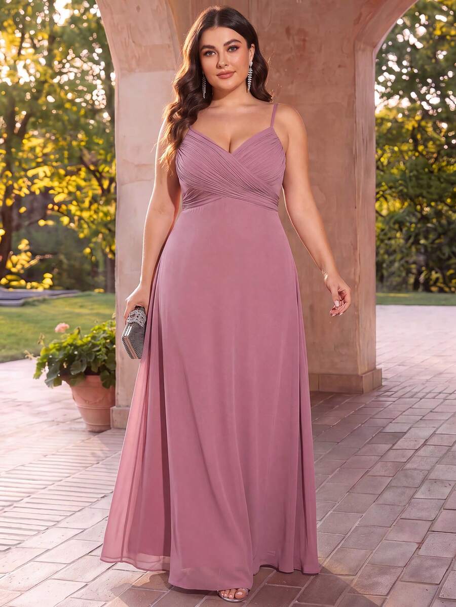 EVERPRETTY Elegant V-Neck Ruched Bust Pink Bridesmaid Dress, Long Gown For Spring Party Wedding
