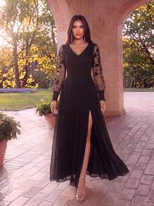 Spring Elegant Chiffon High Slit Lantern Sleeve Embroidered Black Bridesmaid Dress, Wedding Guest Semi-Formal Dress Party Fall - Black - View 1