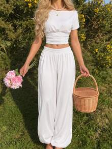 Jotten Solid Color Loose Drop Shoulder Short Sleeve Cinched Waist Top + Tapered Casual Long Pants 2-Piece Set, Soft Drapey Skin-Friendly Outfit, Comfortable Versatile Home Casual Wear - White - View 2