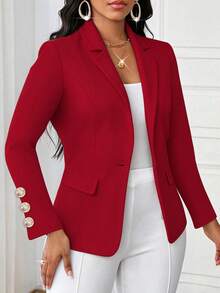 Women's Fashion Elegant Red Knit Lapel Long Sleeve Regular Fit Jacket With Button And Faux Pocket Detail Design - Red - View 5