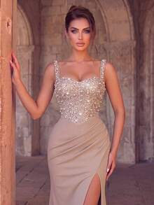 Women's Charming Sleeveless Backless Long Dress With Shoulder Straps, Contrast Sequin Decor, Slit Hem, Suitable For Formal Occasions And Balls - Champagne - View 8