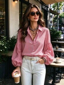 Women's Red And White Striped Front Button Shirt, Bishop Sleeve Long Sleeve Fashion Top, Suitable For All Seasons - Red - View 4