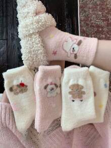 5Pairs Winter Thick Pink Puppy Socks, Autumn/Winter Faux Australian Wool Warm Sleep Socks, Cartoon Home Mid-Calf Socks - Multicolor - View 1