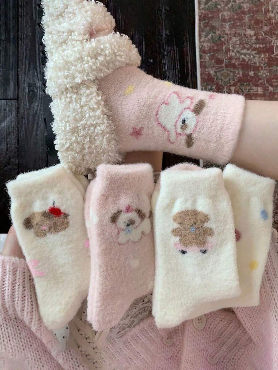 5Pairs Winter Thick Pink Puppy Socks, Autumn/Winter Faux Australian Wool Warm Sleep Socks, Cartoon Home Mid-Calf Socks - Multicolor - View 1