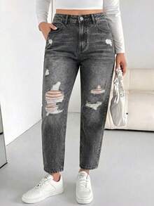 Women's Plus Size Mom Style Short Denim Jeans, Elastic Waist, With Pockets And Zipper, Non-Stretch, Autumn Vintage Grunge Style - Black - View 5