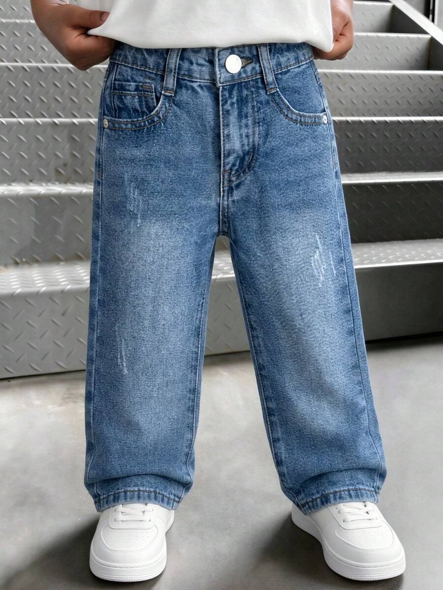 Celana Jeans Denim Biru Muda dengan Pinggang yang Dapat Disesuaikan, Model Distressed Medium Washed.