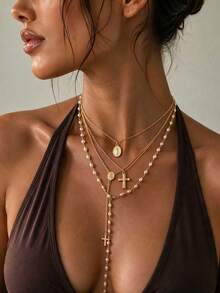 Juego de 4 piezas de collares de clavícula con colgante de cruz dorada y perlas en forma de Y, estilo vintage elegante europeo & americano, adecuado para uso diario y fiestas, collar largo premium con borlas - Dorado - Ver 8