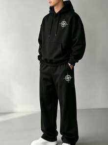 2pcs/Set Men's Hoodie And Ankle Pants Set, Casual Pullover Sweatshirt, Eagle Compass Creative Combination Print Sports Pants Outfit, Suitable For Hiking, Outdoor Trekking And Travel - Black - View 1