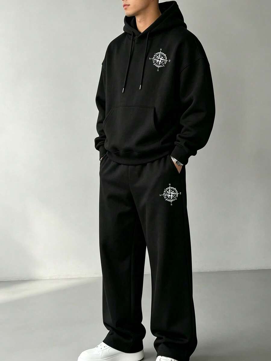 2pcs/Set Men's Hoodie And Ankle Pants Set, Casual Pullover Sweatshirt, Eagle Compass Creative Combination Print Sports Pants Outfit, Suitable For Hiking, Outdoor Trekking And Travel - Black - View 1