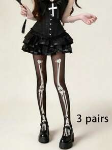 1 Pair Thin Black Sheer Skull Bone Print Tights, Anti-Snag Soft Material, Suitable For Daily Wear And Cosplay Gothic Style - Multicolor - View 12