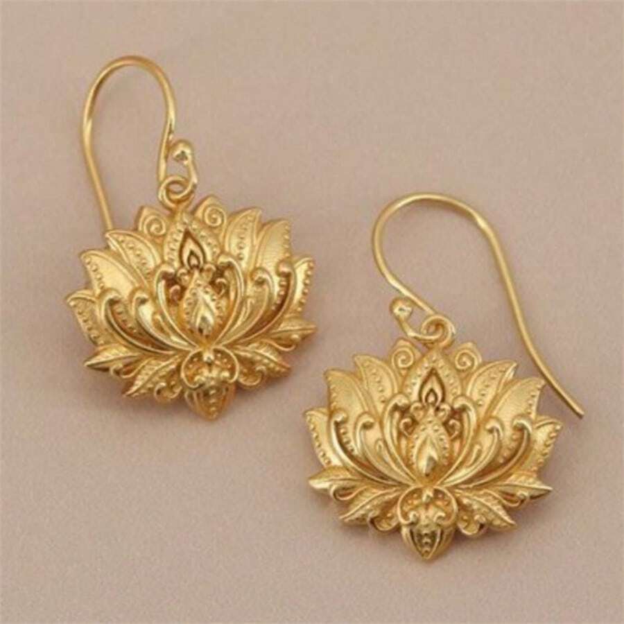 Gold Exquisite Lotus Long Dangle Earrings, New Chinese Style National Wind Women's Party Earrings - Gold - View 1
