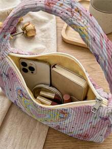 1pc Love Print Corduroy Shoulder Bag, Underarm Bag, Large Capacity Storage, Zip Closure Y2K Baguette Handbag For Daily Travel Gift - Pink - View 6