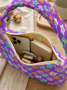 1 buah Tas Bahu Corduroy Motif Bunga Berwarna, Tas Selempang, Kapasitas Penyimpanan Besar, Penutup Resleting, Tas Tangan Baguette Gaya Y2K untuk Hadiah Perjalanan Sehari-hari - MultiWarna - View 6