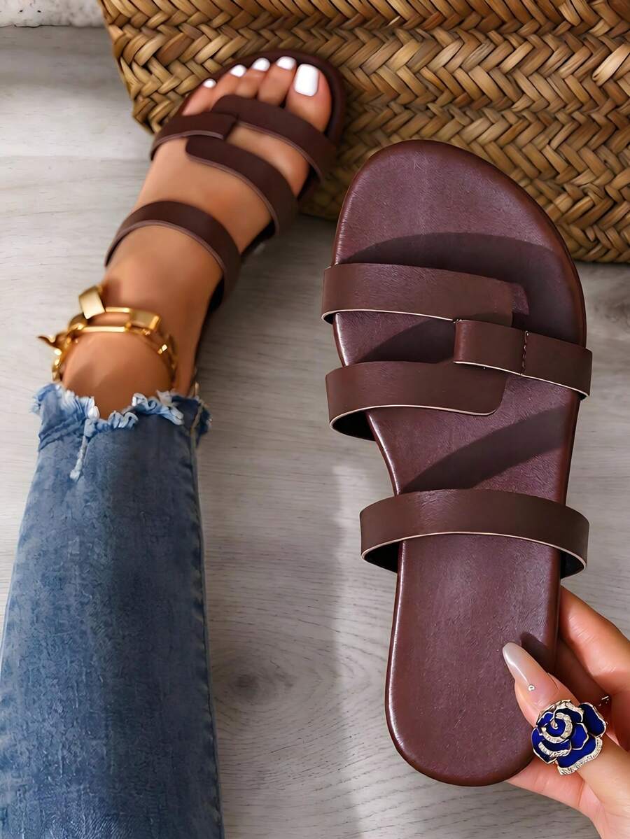 Sandal Datar Terbuka untuk Wanita, Sandal Minimalis dengan Tali Lebar, Cocok untuk Pakaian Luar Ruangan Musim Panas, Sandal Kasual Anti Selip - Coffee Brown - View 1