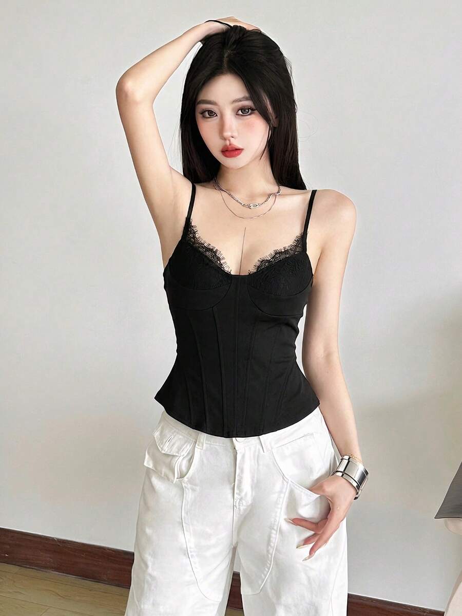 Top Dazzle Women's Sleeveless Ruffle Neck Lace Detail Knitted Bodycon Top Formal Dress - Black - View 1
