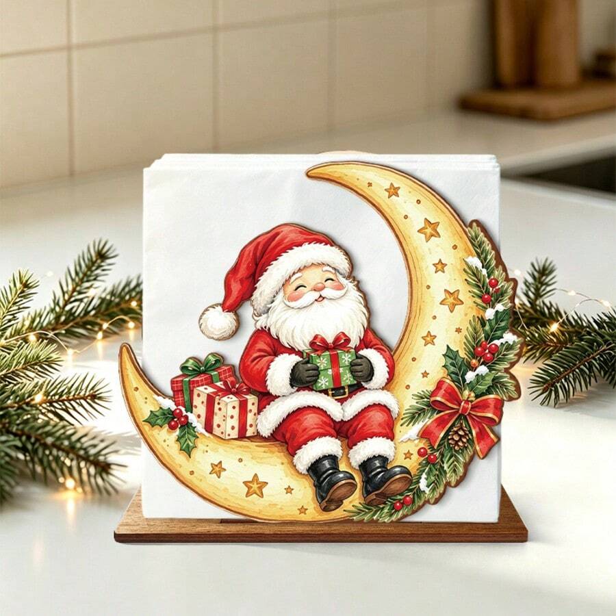 1pc Santa Claus Moon Shaped Wooden Napkin Holder, Christmas Tabletop Tissue Storage Rack, Christmas Dining Table Napkin Box, Freestanding Kitchen Decor Napkin Organizer, Holiday Tabletop Napkin Holder - Multicolor - View 1