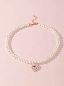 1pc Girls Sweet Faux Pearl Collarbone Chain Pink Heart Rhinestone Pendant Necklace Luxury Youth Style Choker Accessory - White - View 5