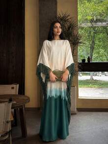 Hafizah Women's Silk-Texture Gradient Color Dress, White To Pink-Purple Gradient, With Tassel Trim, Suitable For Formal Occasions Abaya Fall - Army Green - View 3