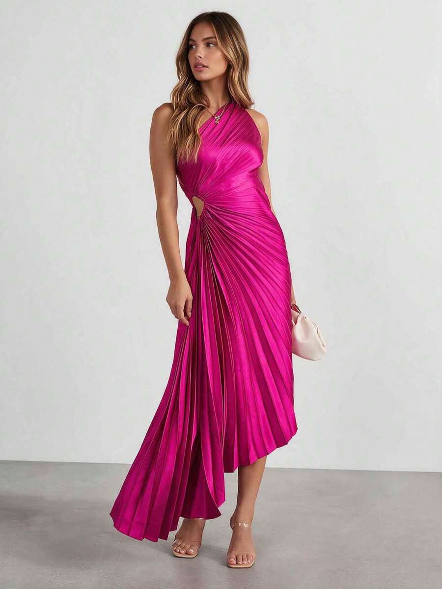Elegant Women's Asymmetric Neckline Satin Pleated Hollow Out Long Cocktail Dress, Suitable For Bridesmaids Or Formal Occasions - Hot Pink - View 1