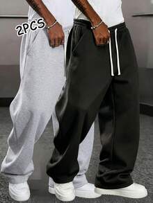 2pcs Men's Casual Sports Pants Set, Loose Straight Leg With Drape Effect, Suitable For Home And Outdoor Activities. Made Of 100% Polyester Fiber, With Drawstring Waistband For Easy Adjustment, Available In Multiple Colors. Lightweight Summer 2pcs Set. - Multicolor - View 5