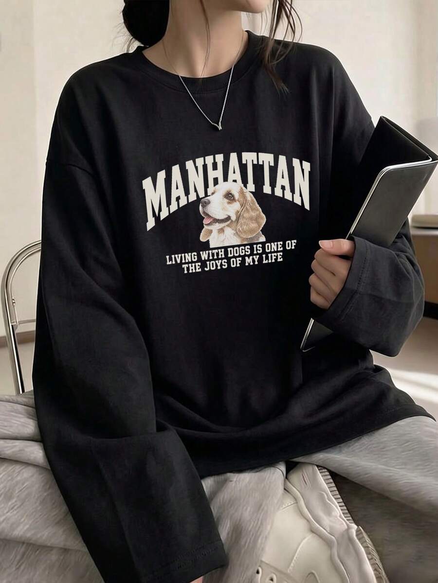女款時尚秋冬寬鬆極簡百搭字母與卡通小狗印花長袖T恤 - 黑色 - 查看 1