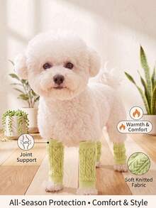 DomKim 4pcs/Set Knitted Dog Leg Warmers, High Elasticity Anti-Slip Pet Knee Pads With Ribbed Cuffs, Joint Support And Leg Fixation Socks, Winter Warm Paw And Leg Protectors To Prevent Injuries For Small, Medium And Senior Dogs During Outdoor Walks In Cold Weather - Dark Green - View 2