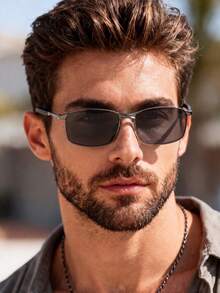 Men's Classic Metal Square Frame Fashion Glasses, Rectangular Dark Lenses, Business Style, Versatile For Daily Wear, Driving, Fishing, Cycling, Sports - Multicolor - View 3