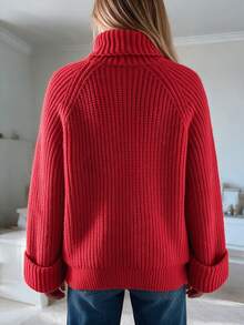 Women's Fall Winter Red Chunky Ribbed Knit Turtleneck Oversized Pullover Sweater, Folded Wide Cuffs Warm Casual Daily Wear - Red - View 6