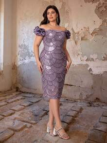 Plus Size Fall Winter Elegant Off Shoulder Sequin Midi Dress, 3D Ruffle Sleeve Faux Pearl Scallop Embellished Bodycon Evening Gown, Prom Wedding Party - Purple - View 7