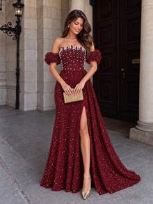 VIPGIRL Wine Red Cold Shoulder Pearl Beaded Fitted Corset Sequin High Slit Lace-Up Backless Ruffle Sleeve A-Line Floor Length Ball Gown Evening Dress - Red - View 1